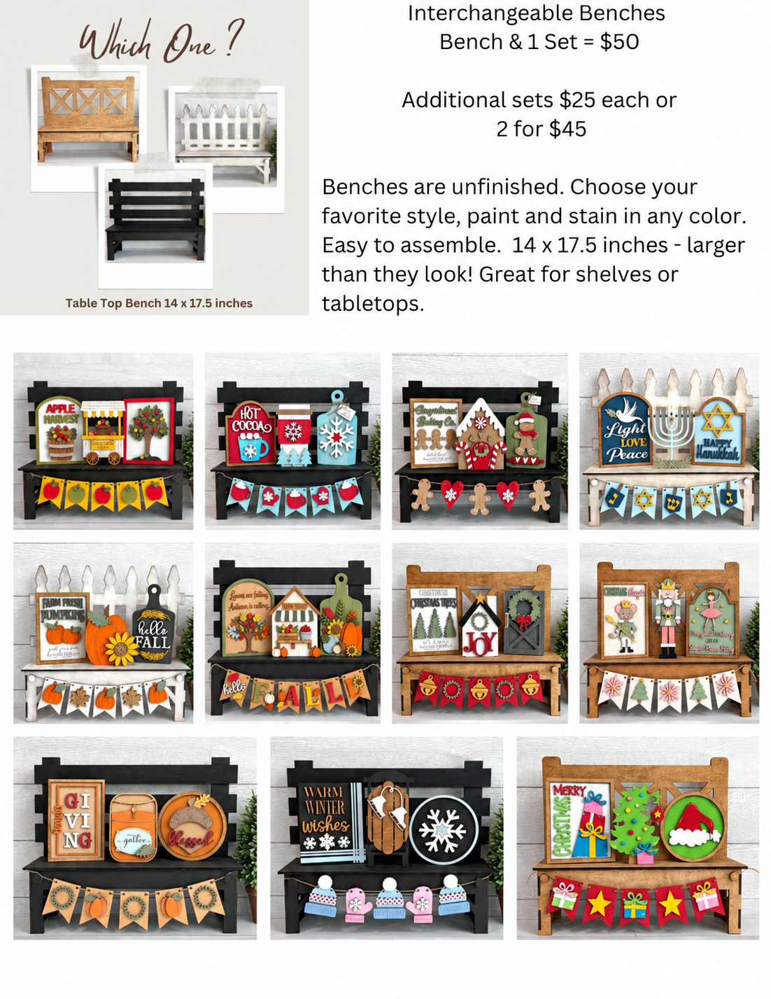 Interchangeable bench styles and seasonal design options